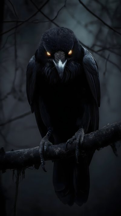 a black bird with yellow eyes sitting on a branch in the dark night time, Halloween Raven Night Forest Raven, Raven With Red Eyes, Dark Crow, Black Bird With Red Eyes,