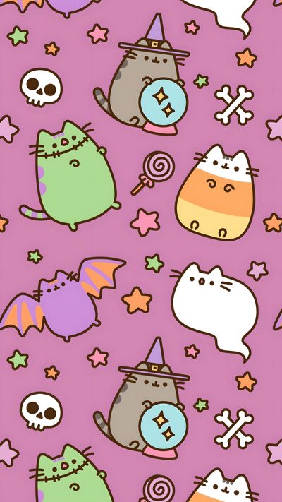 a purple background with cats and skulls on it Halloween Pastel Cat Kawaii Cute Halloween Cat, Pushers Halloween, Pusheen Halloween Background, pale violet red