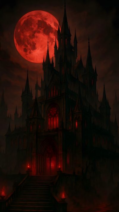 a gothic castle lit up at night with the moon in the background Halloween Vampire Background Vampire Castle Tattoo, Gothic Castle Aesthetic, Vampire House, black