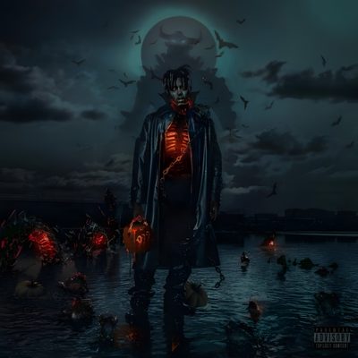 a man standing in the water at night with his hands on his hips and head glowing Halloween Juice Wrld Travis Scott Spider, Lil Uzi Vert Demon, Juice Wrld Anime Album Cover, black