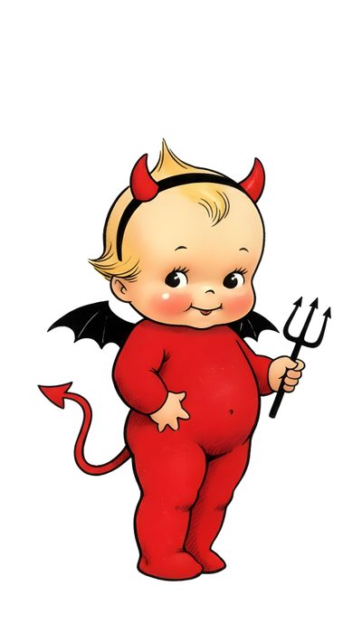 a drawing of a baby in devil costume holding a pair of scissors Kewpie Halloween Kewpie Devil Tattoo, Kewpie Devil, Vintage Kewpie Art, Kewpie Dolls Drawing, white