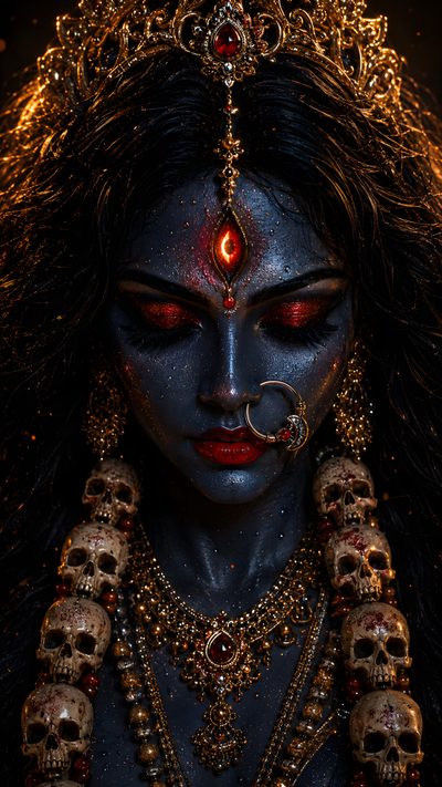 a woman with makeup and jewelry on her face Halloween Kali 2 Kali Picture, Maa Kali Images, Kali Ma, Mother Kali, Goddess Kali Images, Kali Mata, black