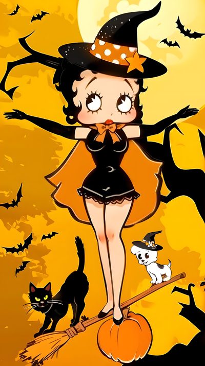 a cartoon girl dressed as a witch on a broom with a cat and pumpkins in the background Betty Boop Halloween Classic Halloween Cartoons, Old Halloween Cartoon, 90s Halloween Cartoons, orange