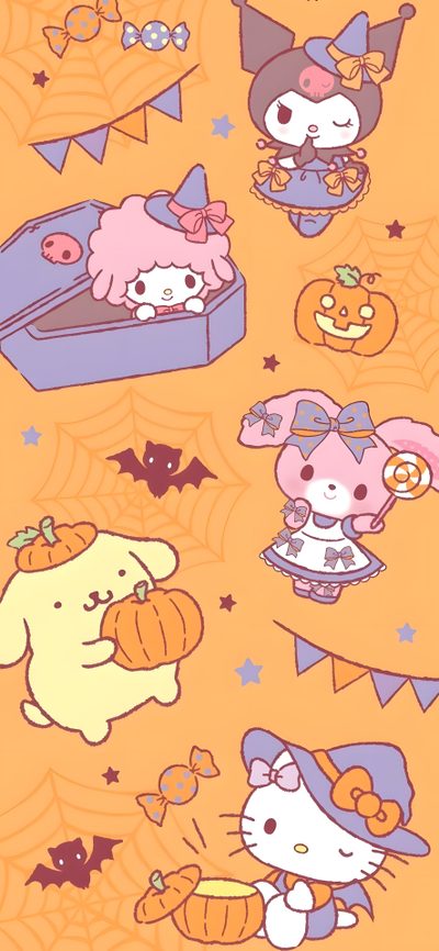 hello kitty halloween wallpaper with pumpkins, bats and cats on it's orange background Kawaii Sanrio Halloween Kawaii Sanrio Halloween, Sanrio Halloween Pastel, Sanrio October Calendar, sandy brown