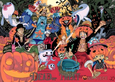 a group of cartoon characters standing in front of a halloween scene with pumpkins and jack - o'- lanterns Halloween One Piece Thanksgiving One Piece, One Piece Color Spread Halloween, One Piece Halloween 4k, sienna