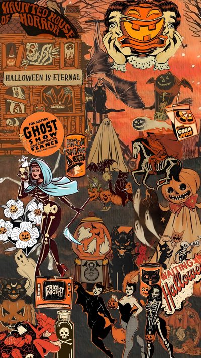 a collage of halloween stickers on a wall Vintage Halloween Collage Halloween Iphone Vintage, Vintage Halloween Aesthetic, Vintage Halloween Iphone, saddle brown