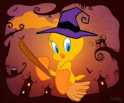 a yellow bird with a witches hat holding a bat Tweety Bird Halloween Scary Tweety, Tweety Bird Pumpkin Painting, Tweety Bird Pumpkin, saddle brown