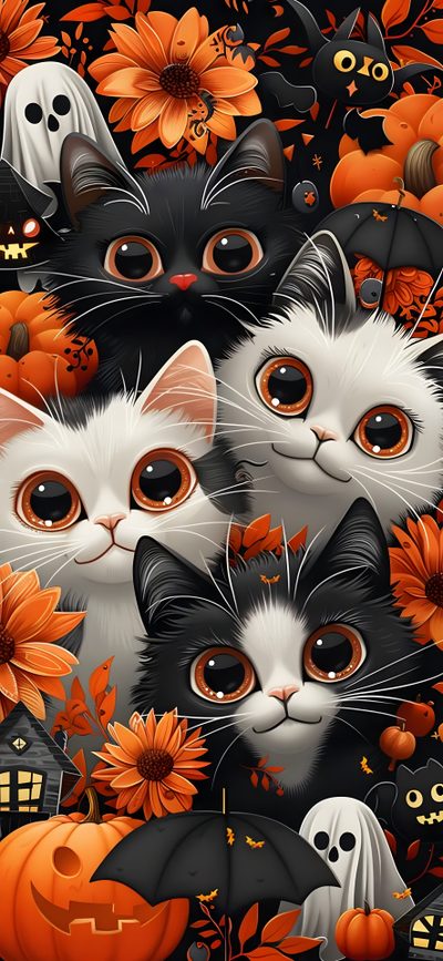 a group of black and white cats surrounded by pumpkins, flowers, and bats Halloween Cats Cute Halloween With Cats, Halloween Kitty, Black Cat And Pumpkin, saddle brown