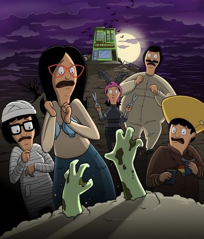 cartoon characters standing in front of a house with zombie hands on it's face Bobs Burger Halloween Bobs Burgers Halloween, Bobs Burgers Christmas Meme, Bobs Burgers Crossover, dark slate gray