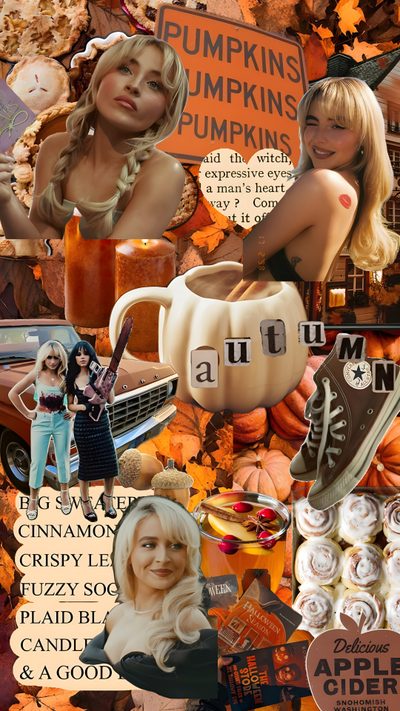 a collage of pumpkins, coffee cups and other items Sabrina Carpenter Halloween Fall Sabrina Carpenter, Halloween Sabrina Carpenter, Sabrina Carpenter Halloween, sienna