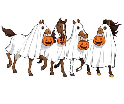 three horses wearing ghost costumes and holding pumpkins Cute Halloween Horse Horse Designs, Horses, Design, white