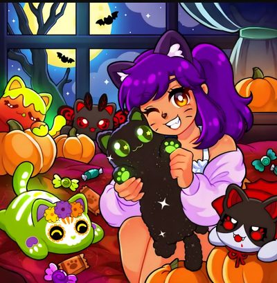 a girl holding a black cat surrounded by halloween decorations Halloween Aphmau Aphmau Goddess Cat, Aphmau Official Art, Aphmau Halloween, Aphmau Fan Art, saddle brown