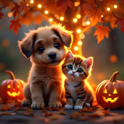 a puppy and kitten sitting next to each other in front of pumpkins with lights behind them Cute Dog And Cat Halloween Cute Puppies And Kittens, Animated Gifs, Cute Puppies, Puppies, saddle brown