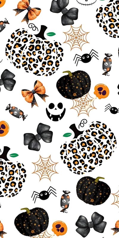a halloween themed wallpaper with pumpkins, bats and spider webs on it Halloween Leopard Print Halloween Iphone Backgrounds, Halloween Backgrounds, Halloween Cute, snow