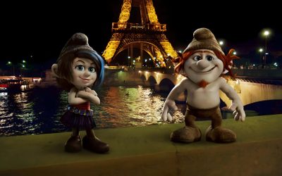 two cartoon characters standing next to each other in front of the eiffel tower Bing Halloween The Smurfs 2, Smurfs Movie, Brendan Gleeson, Evil Wizard, George Lopez, Fred Armisen, black