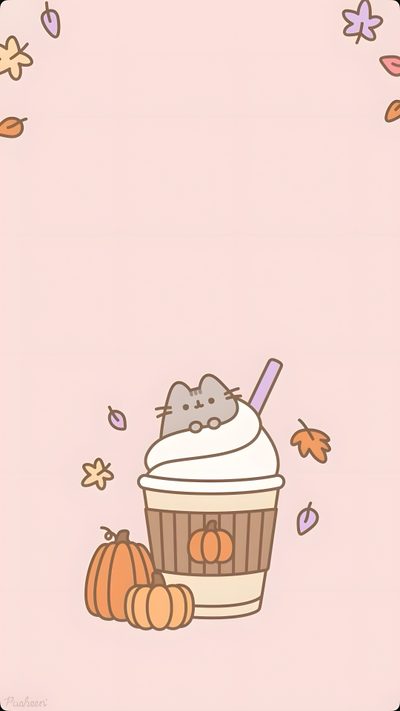 a cartoon cat sitting on top of a cup filled with whipped cream and pumpkins Aesthetic Halloween Pusheen Halloween Iphone Backgrounds, Adorable Home Game, Pusheen Cute, misty rose