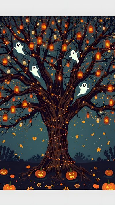a tree with pumpkins and ghost faces on it, surrounded by jack - o - lanterns Halloween Tree Halloween Tree Pattern On Dark Background, The Halloween Tree Art, Holiday, dark slate gray