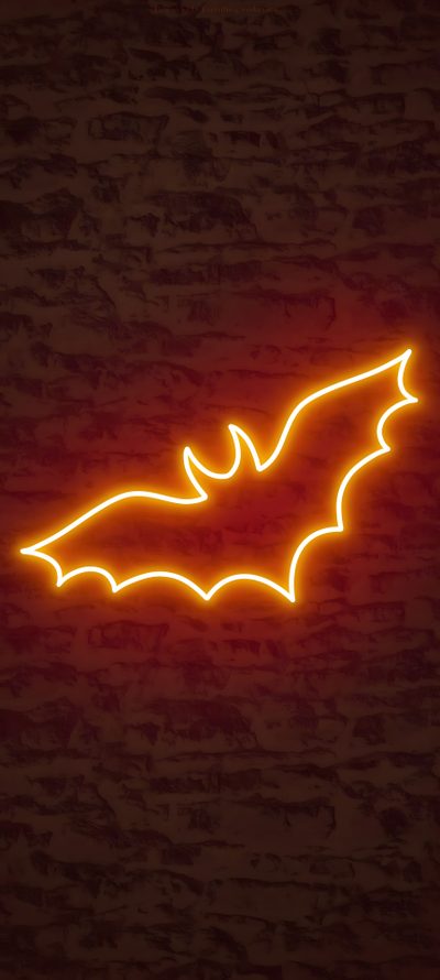 a neon sign with a bat on it's side in front of a brick wall Glowing Neon Halloween Neon Cool Orange, Neon Aesthetic Halloween, Neon Orange Iphone, Neon Orange, black
