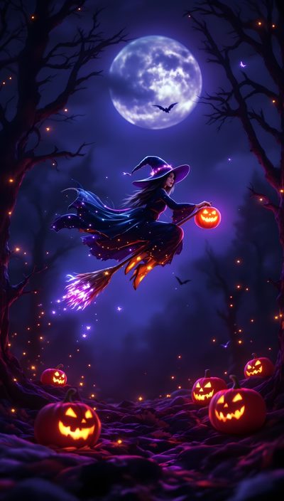 a witch flying through the air on her broom in front of pumpkins and trees Halloween Season Of The Witch Halloween Moon, Spooky Witch, Halloween Mobile, midnight blue