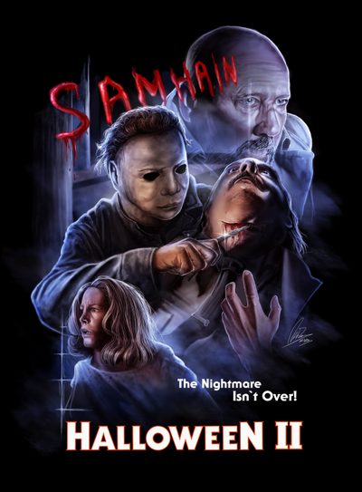 a movie poster for halloween ii with two people in the background and one person holding a knife Halloween 2 Halloween Ii 1981 Poster, Halloween 2 Movie, Scary Movie 4 Poster, black