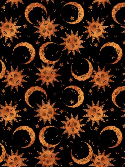 an orange and black background with stars and crescents Halloween Sun Pattern Alexander Mcqueen Scarf, Orange Background With Stars And Moon, Fall Celestial, black
