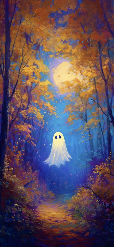 a painting of a white ghost in the middle of a forest with trees and leaves Halloween Ghost Tree Happy Halloweeen, Art Halloween, Spooky Art Background Ideas, dark slate gray