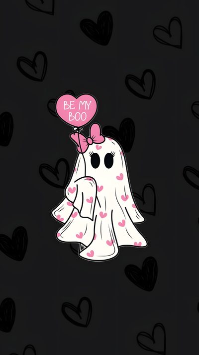 a black background with hearts and a ghost holding a heart balloon in it's mouth Cute Halloween Heart Cute Ghost Background, Halloween Valentines, Spooky Valentines Iphone, black