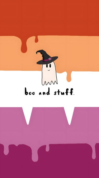 a halloween card with a ghost on it and the words boo n'stuff Lesbian Halloween Cute Crush Quotes, Gay Aesthetic, Lgbtq Flags, Lesbian Art, Lesbian Flag, indian red