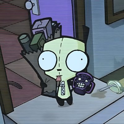 an animated character is standing in front of a table with items on it and looking at the camera Invader Zim Halloween Gir Invader Zim Pfp, Gir From Invader Zim, Invader Zim Characters, slate gray