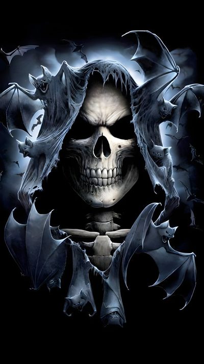 a skeleton with bats around it's neck Halloween Skull And Bat Vampire Skull, Grim Reaper With Skulls, Grim Reaper Skull, Gothic Skull And Bat, black