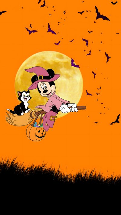 a mickey mouse flying in the sky with bats Minnie Halloween Mickey Mouse Halloween Iphone, Minnie Halloween, Background Mickey Minnie Halloween, dark orange