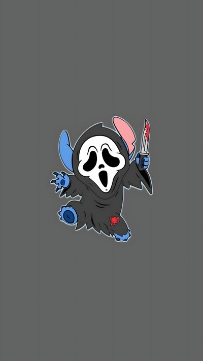 a cartoon character with a knife in his hand and an evil face on it's chest Stitch Halloween Ghostface Cute Stitch Halloween Aesthetic, Aesthetic Cute Halloween Stitch, Aesthetic Halloween Stitch, dim gray
