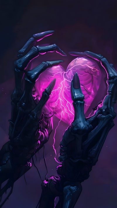an alien hand holding a heart shaped object with lightning in the sky behind it on a purple background Halloween Skeleton Hand Purple Dark Hearts, Heart Skeleton, Goth Valentines Day, Spooky Phone, black