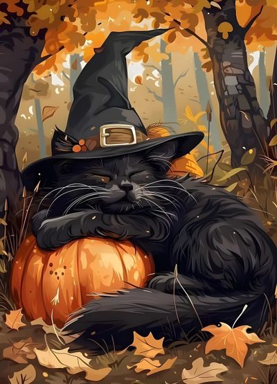 a black cat wearing a witches hat sitting on top of a pumpkin in the woods Halloween Witch Cat Autumn Gothic, Halloween Cats Art, Halloween Cat Art, Cat On A Pumpkin, dark olive green