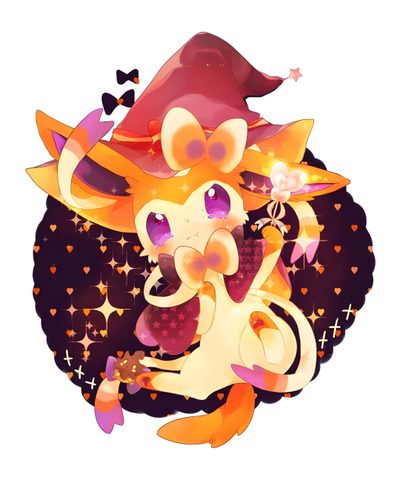 an animal with a hat on its head and stars around it's neck, standing in front of a white background Halloween Sylveon Hd Anime Art Inspiration, Colorful Witch Illustration, Cute Anime Witch With Hat, papaya whip