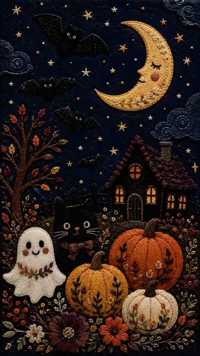 a halloween scene with pumpkins and ghost Whimsy Halloween Cute Phone Fall, Halloween Theme Background, Cute Halloween For Phone, black