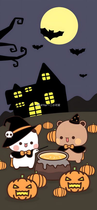 two bears dressed up as witches and pumpkins in front of a house at night Bubu Dudu Halloween Mocha And Milk Bear Matching Pfp Halloween, Milk And Mocha Matching Icons Halloween, Milk And Mocha Bear Halloween, dark slate gray