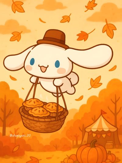 a cartoon bunny holding a basket full of pumpkin pies in an autumn scene with falling leaves Cinnamon Roll Halloween Hello Kitty Items, Hello Kitty, Kitty, sandy brown