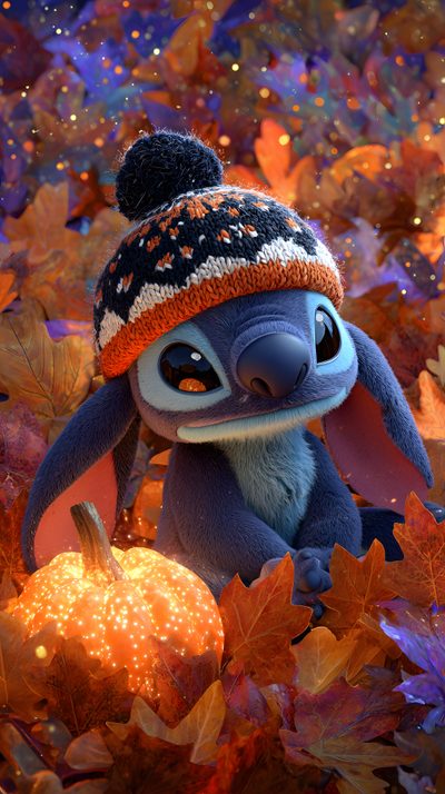 a stuffed animal wearing a knitted hat and holding a pumpkin in front of fall leaves Cute Stitch Halloween Stitch Fall, Stitch Fall Iphone, Autumn Stitch, Thanksgiving Stitch, saddle brown