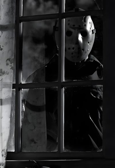 a person wearing a mask is looking out the window at something in front of them Halloween Jason Voorhees Jason Voorhees Scary, Jason Voorhees Creepy, Jason Voorhees Scary Pictures, black