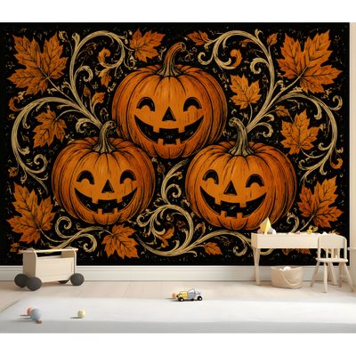 three carved pumpkins with leaves and swirly vines on a black background wall mural Halloween Pumpkin For Walls Contact Paper Wall, Paper Wall Decor, Accent, The Holiday Aisle, sienna