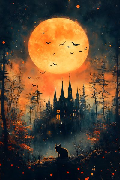 a painting of a cat sitting in front of a castle with bats flying over it Vintage Halloween- Bobcats Castle Halloween Cat Background, Haunted Cat, Spooky Cats And Moons, dark slate gray