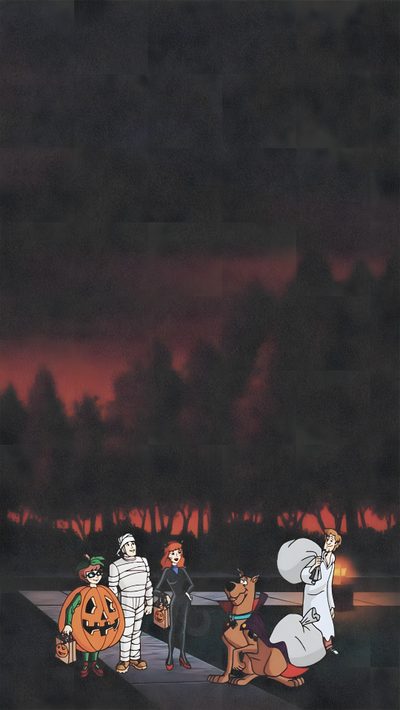 an animated scene with people dressed up as ghost and other characters on the sidewalk at night Scooby Doo Halloween Iphone Cartoon Halloween Background Aesthetic, Old School Halloween Background, Retro Halloween Aesthetic, dark slate gray