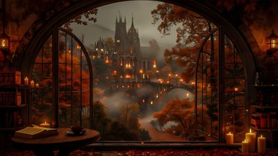 an image of a castle out in the woods at night with candles and books on the table Halloween Ambience Fall Windows, Dark Autumn, Spooky Autumn Desktop, Witch Aesthetic Desktop, black