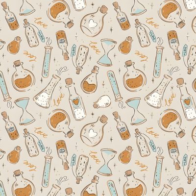 an image of seamless pattern with bottles and beakers on beige background stock photo Halloween Magic Potions Light Greysmall Potion Craft, Love Potion Pattern, Potions Background, gainsboro