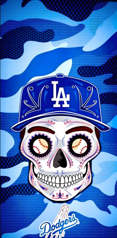 a baseball skull wearing a los angeles dodgers hat on a blue camo print background Dodgers Halloween La Dodgers Logo, La Dodgers Skull, La Dodgers Blue Background,