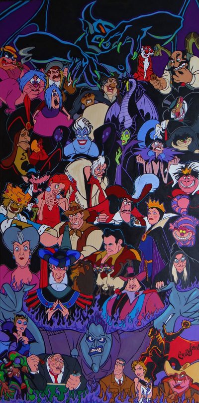 an image of cartoon characters painted on the wall in front of a black background with purple and blue colors Halloween Villains Villains Aesthetic, Disney Villain Aesthetic, Disney Villains Aesthetic, dark slate gray