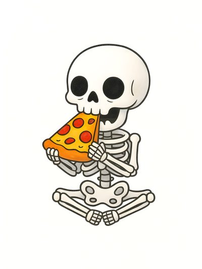 a skeleton eating a slice of pizza Halloween Pizza Cartoon Kawaii Skeleton Drawing, Halloween, Phone, Humor, Skeleton Eating Pizza, snow