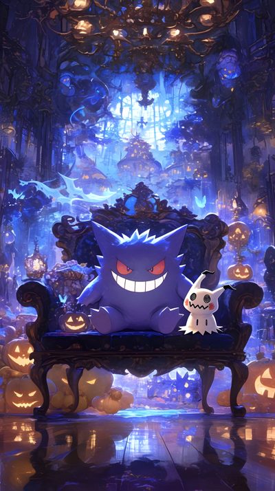 a cartoon character sitting on top of a bench in front of a room filled with pumpkins Ghost Pokemon Halloween Ghost Pokémon, Goth Pokemon, Pokemon Tcg Phone, Gengar And Mimikyu, dark slate gray