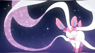 an animated image of a pink rabbit with stars in the background Halloween Sylveon Hd Sylveon Illustration, Espeon And Sylveon, Pokemon Slideshow Background, dark slate blue